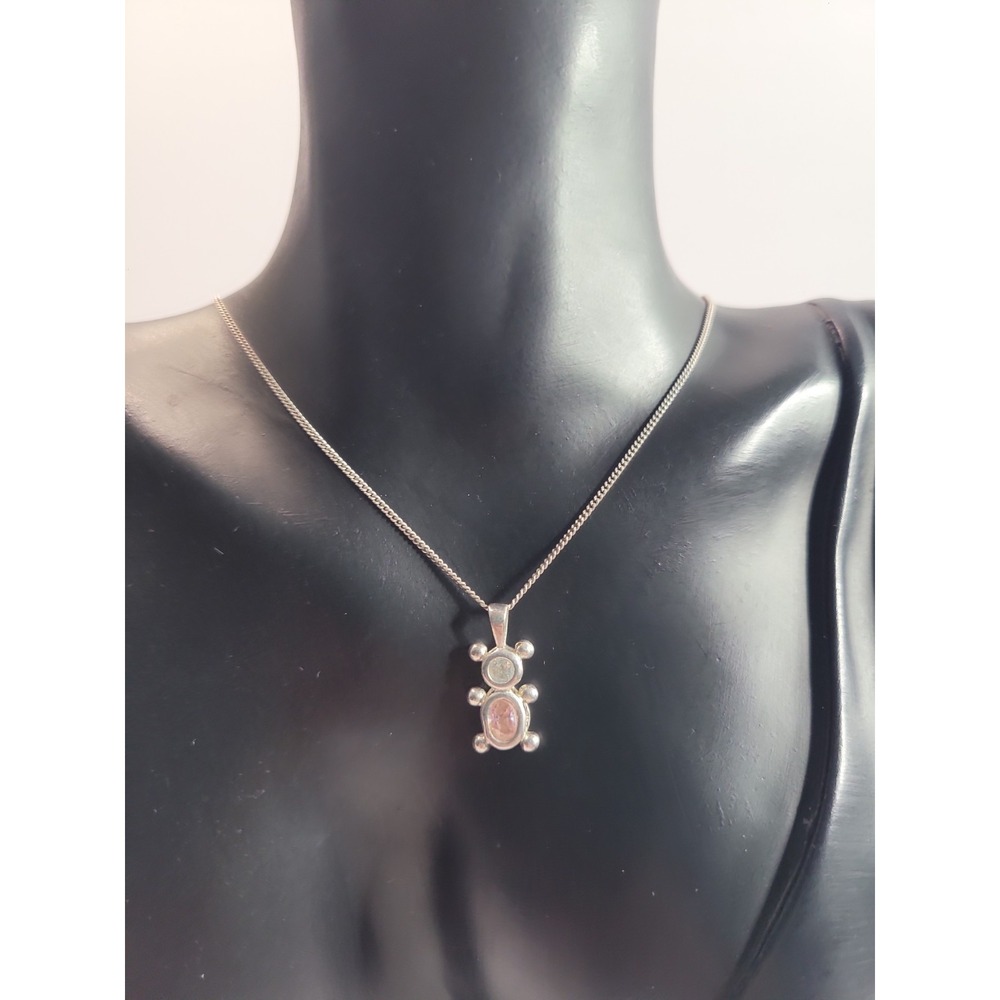 925 Sterling Silver Bear Pendant Necklace Pink Clear Accents Dainty Chain
